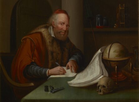 oil painting showing an alchemist/scholar at a desk