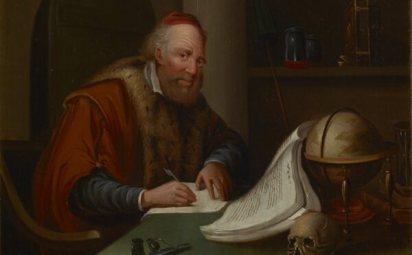 oil painting showing an alchemist/scholar at a desk