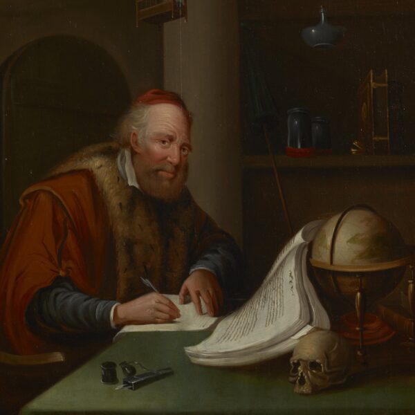 oil painting showing an alchemist/scholar at a desk