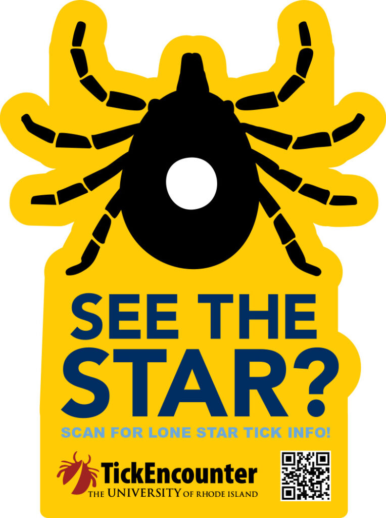 Graphic of a black tick with a white spot on its abdomen with a QR code. The text reads: “See the star? Scan for Lone Star Tick Info!”
