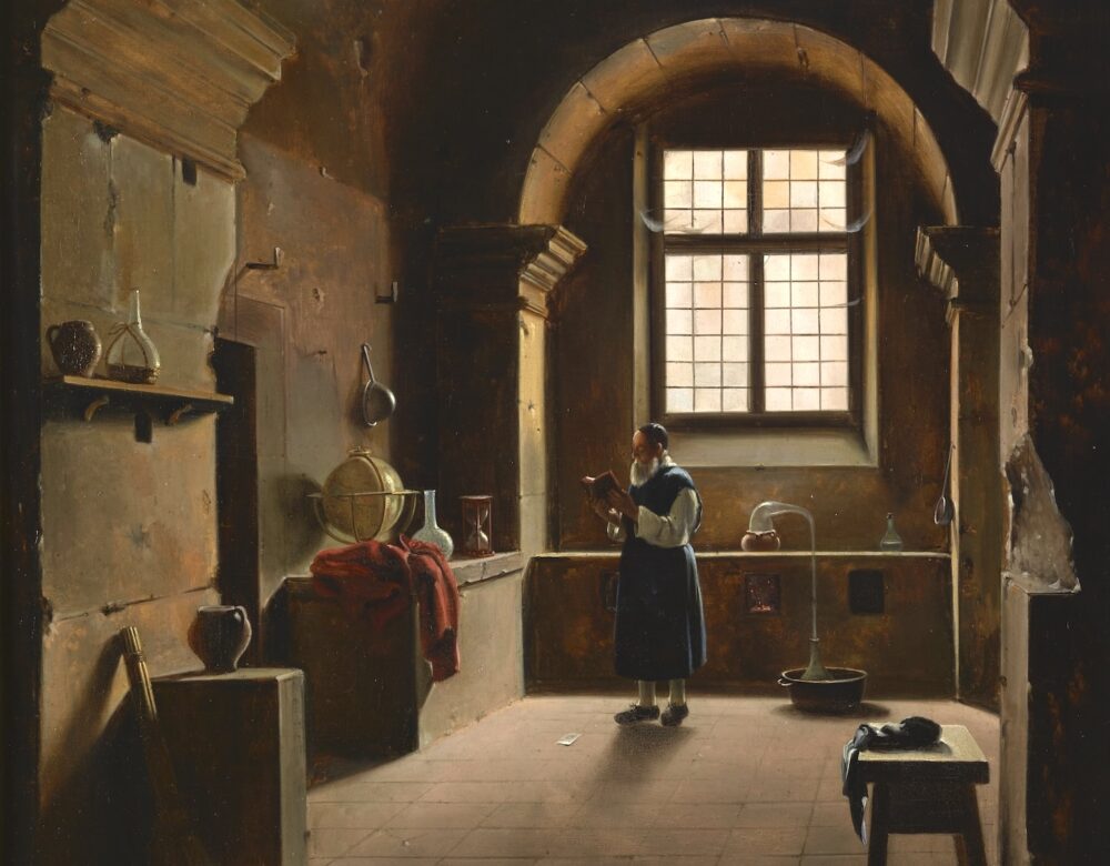 painting of an alchemist in his workshop by an open window