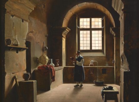 painting of an alchemist in his workshop by an open window