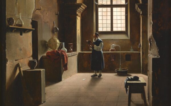 painting of an alchemist in his workshop by an open window