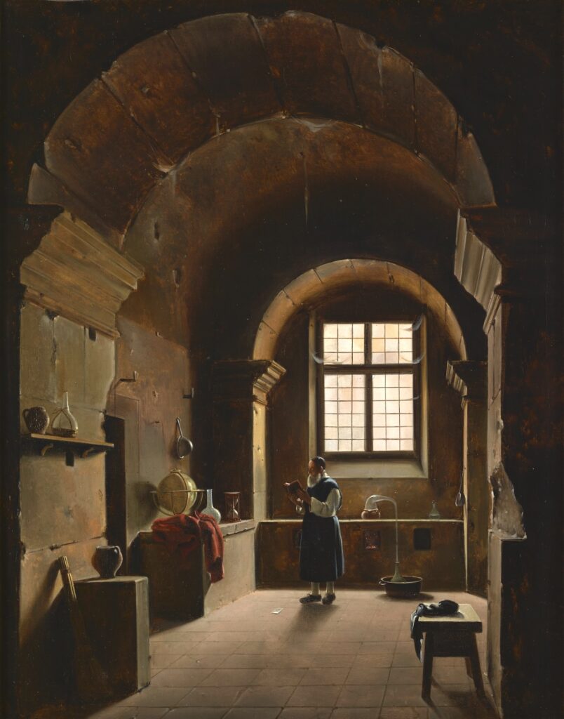 painting of an alchemist in his workshop by an open window