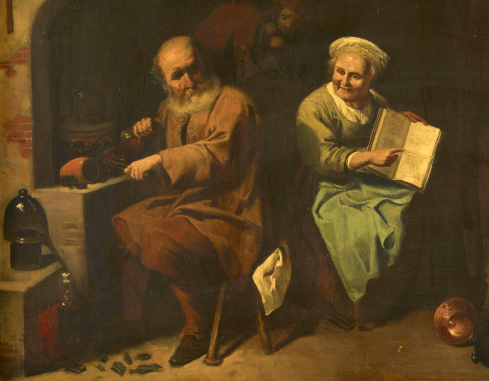 The Alchemist and His Wife, ca. 1928, by Jacques Hammerer, after 17th-century original by David Ryckaert III.