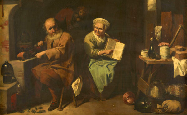 The Alchemist and His Wife, ca. 1928, by Jacques Hammerer, after 17th-century original by David Ryckaert III.