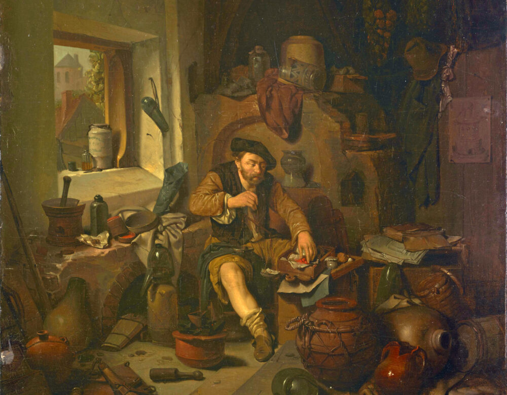 oil painting of an alchemist working beside a window