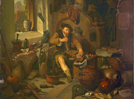 oil painting of an alchemist working beside a window