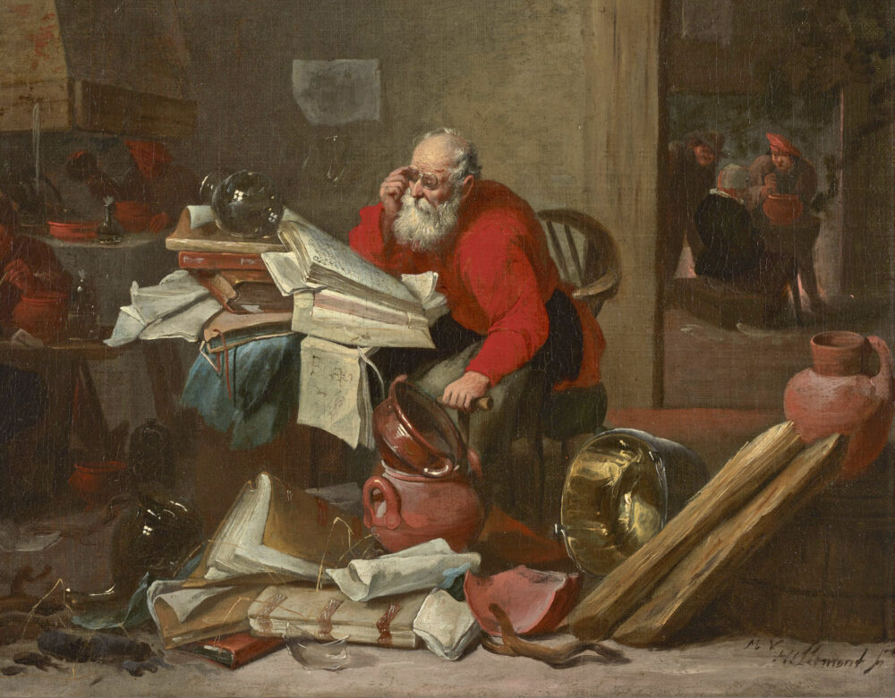 oil painting of an alchemist in red/orange leaning forward at a messy desk
