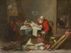 oil painting of an alchemist in red/orange leaning forward at a messy desk