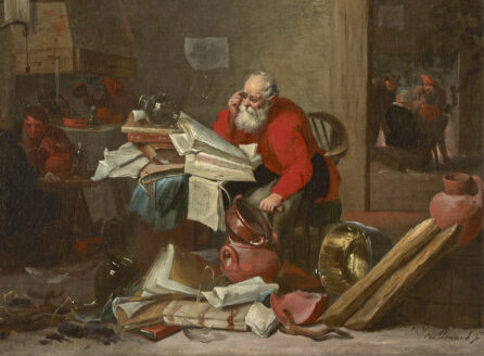 oil painting of an alchemist in red/orange leaning forward at a messy desk