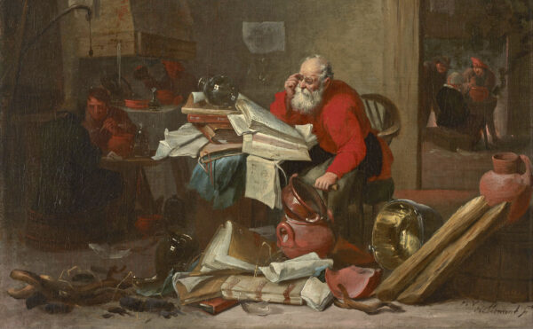 oil painting of an alchemist in red/orange leaning forward at a messy desk