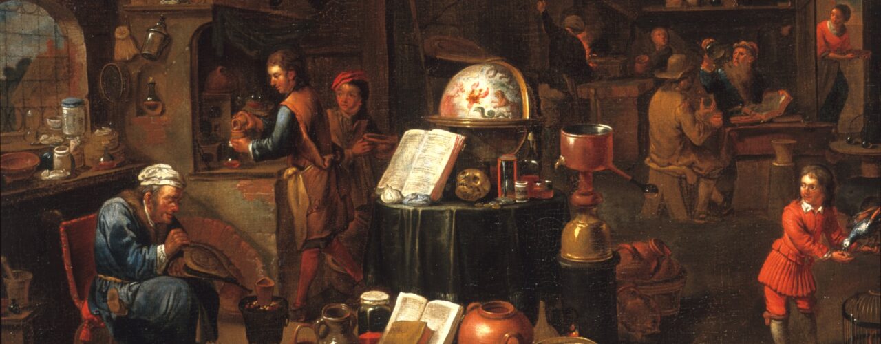painting depicting an alchemist's laboratory