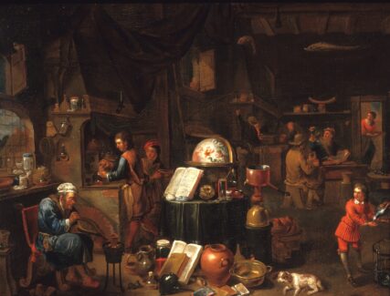 painting depicting an alchemist's laboratory
