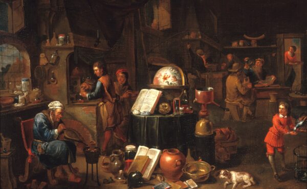 painting depicting an alchemist's laboratory