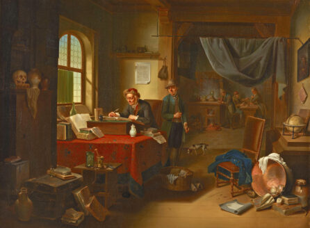 oil painting of an alchemist working beside a window