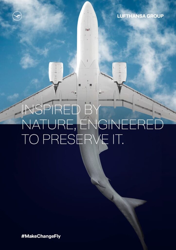 Poster featuring a jet aircraft with the tail of a shark. Large text on the poster reads: “Inspired by nature, engineered to preserve it.”