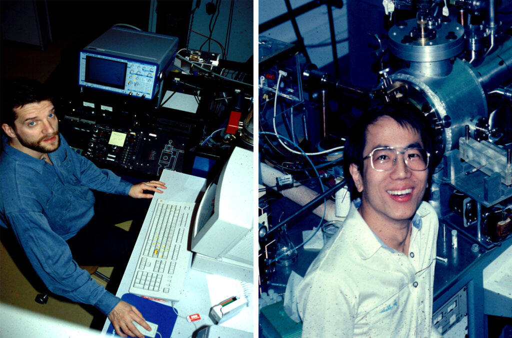 Two photos of men working in a laboratory. In the photo on the left, a man is working at a computer next to electronic equipment. In the photo on the right, a man is smiling next to a large machine.