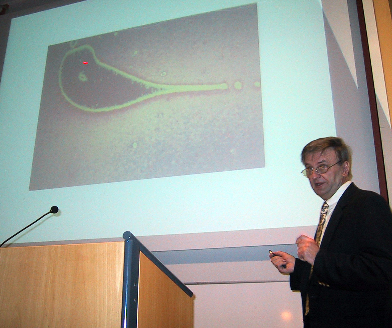 A man speaking at a podium using a laser pointer to identify an image on a projector screen