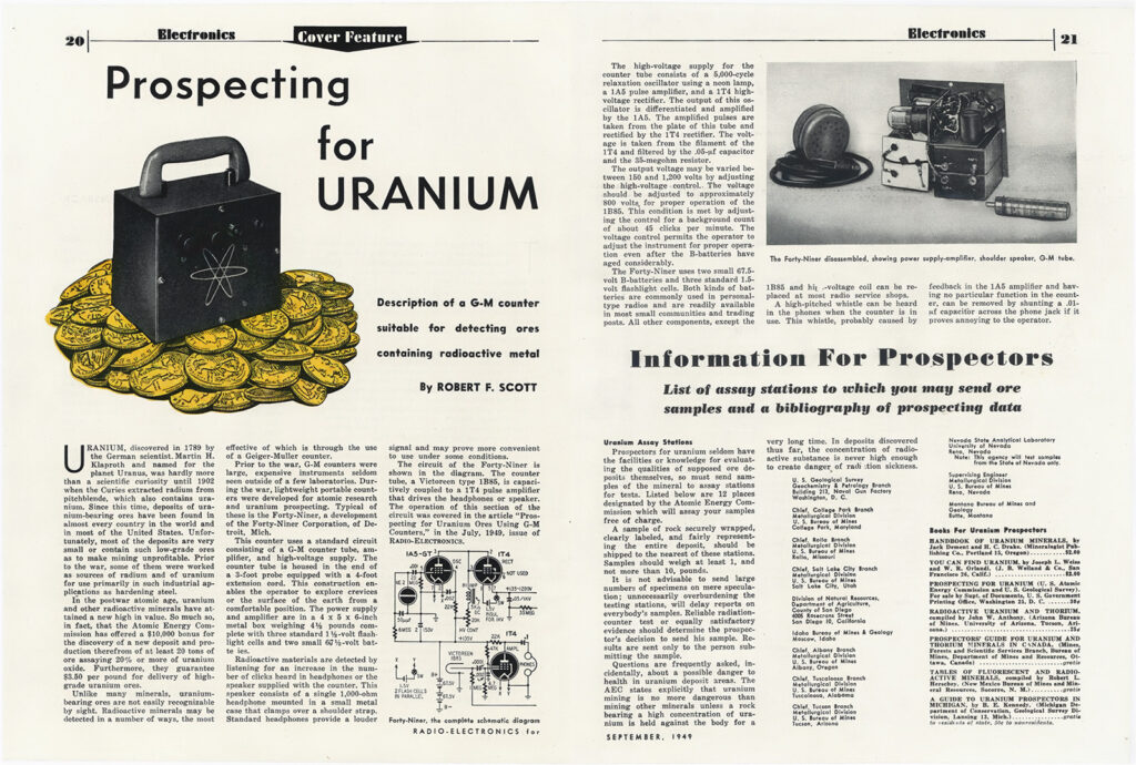 Two magazine pages containing text and an illustration of a Geiger counter on top of a pile of coins. The title of the article in large print reads: “Prospecting for Uranium.”