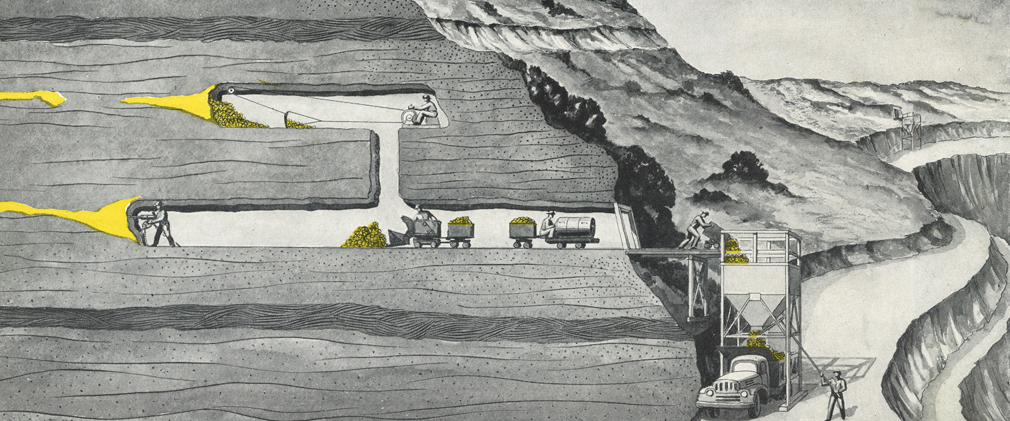 Drawing of mine shafts inside a mountain with miners working inside them.