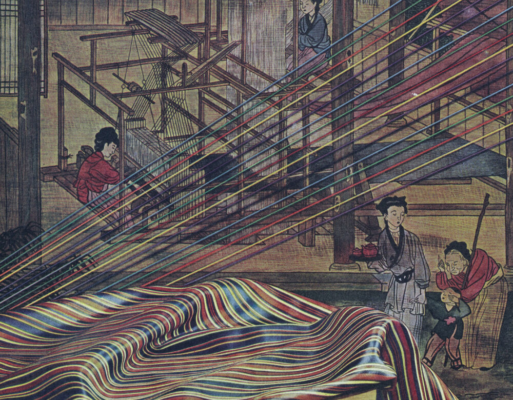 colorful magazine ad showing people working with nylon thread