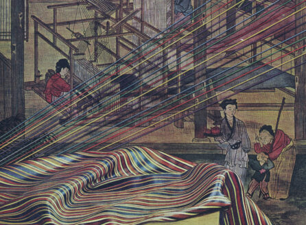 colorful magazine ad showing people working with nylon thread