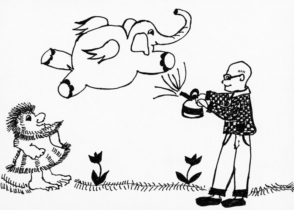 Pen-and-ink drawing of a man spraying a flying elephant