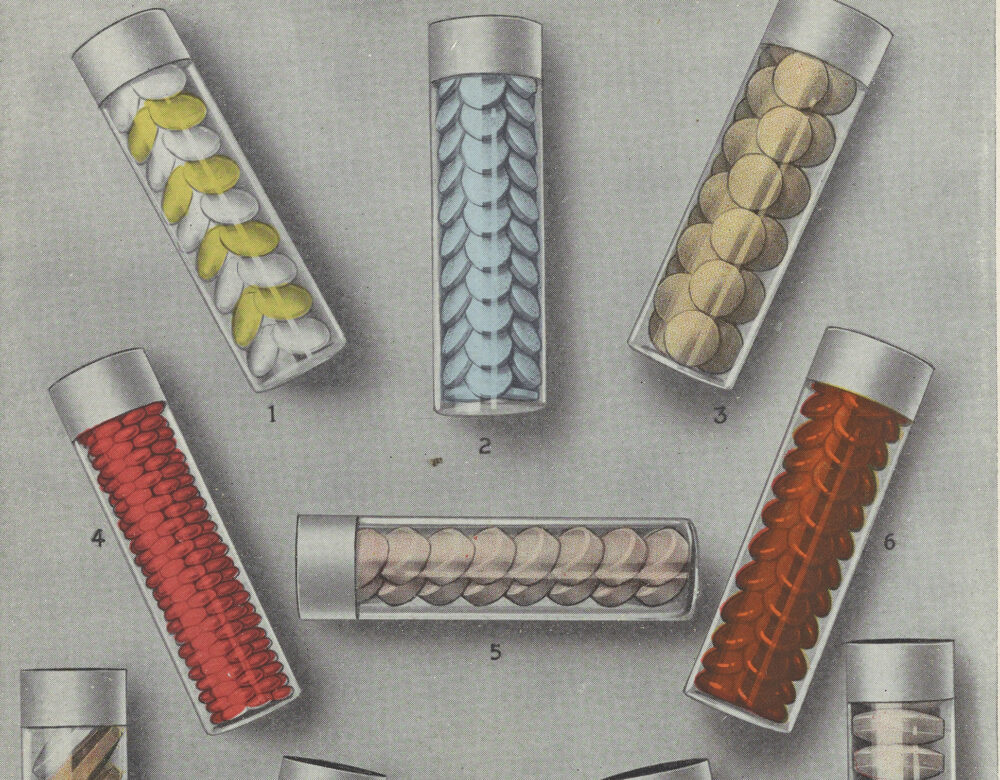 color illustration of medicine capsules in clear tube containers