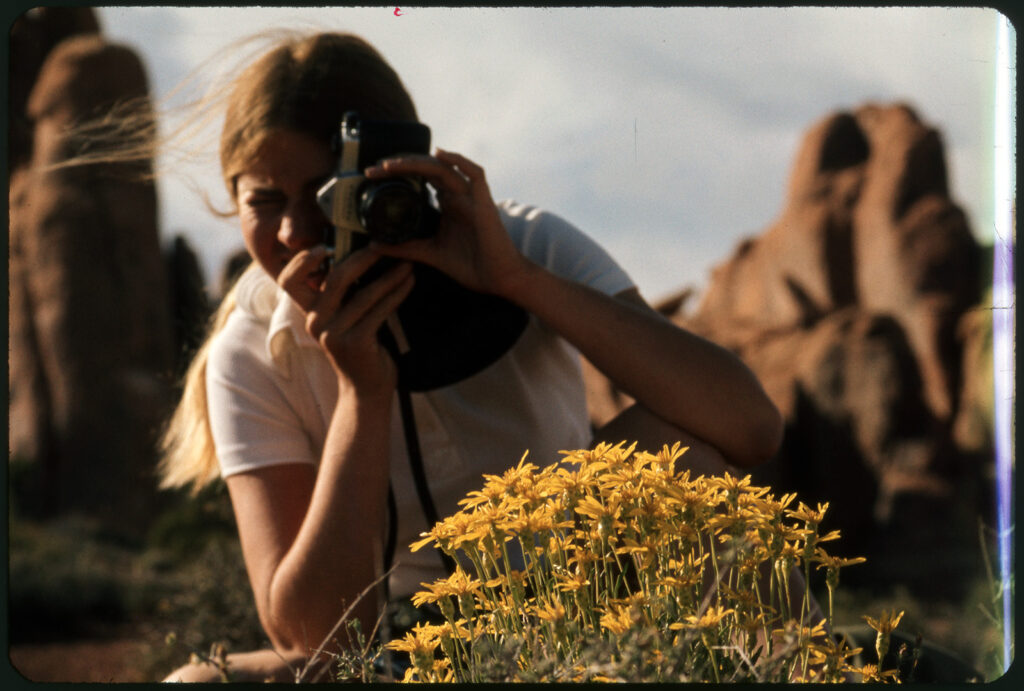 Woman photographing yellow flowers with rock formations in the background.