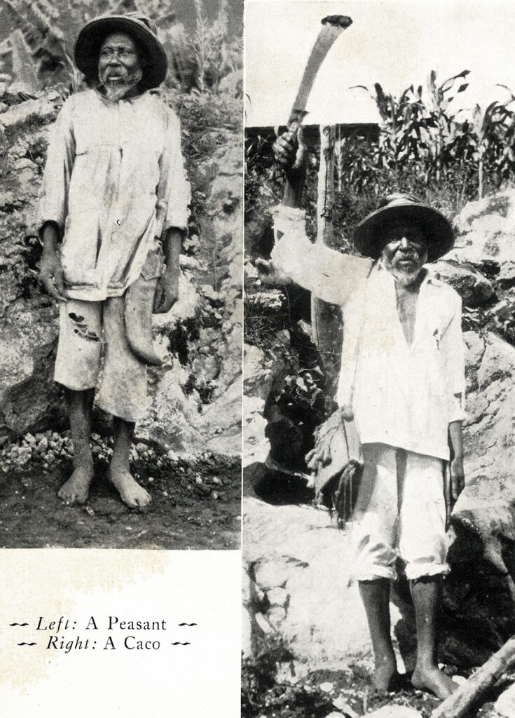 Two photographs of a standing man with worn clothing. In the photo on the left, the man is looking off to the side. In the photo on the right, he is wielding a machete. The caption reads: “Left: A Peasant, Right: A Caco.”