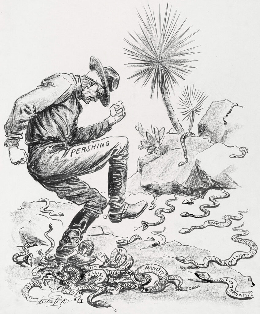A cartoon of a man in an army uniform labeled “Pershing” stamping a nest of rattlesnakes with his feet. The rattlesnakes are labeled “bandit,” “cutthroat,” and “Villista.”