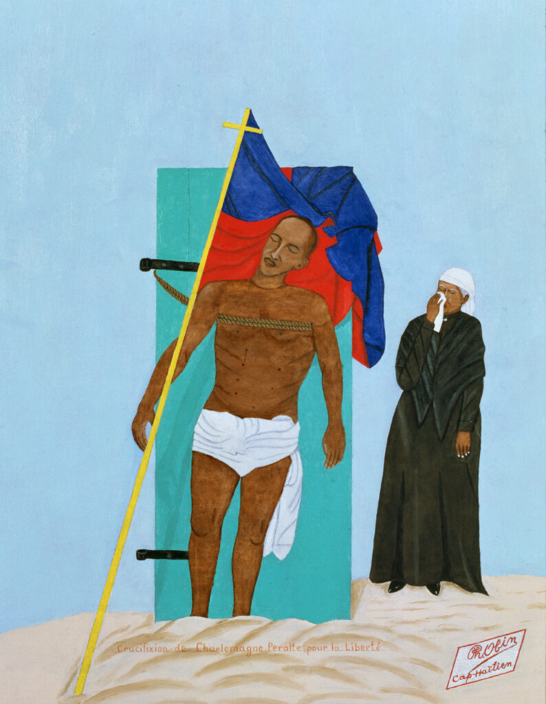 The body of man tied with to a door with a flag draped around his shoulder. A person in the background dressed in a black robe is holding an handkerchief to their face.