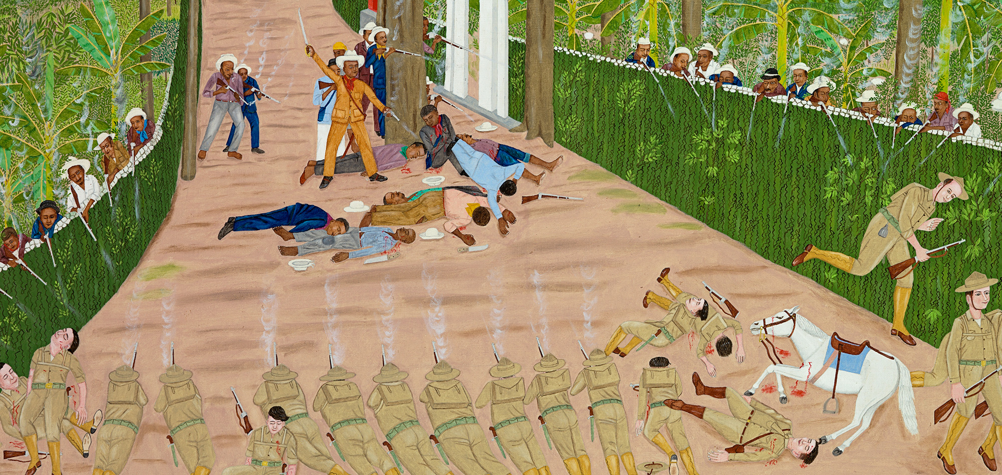 Painting of men fighting with guns on a road in a forest.