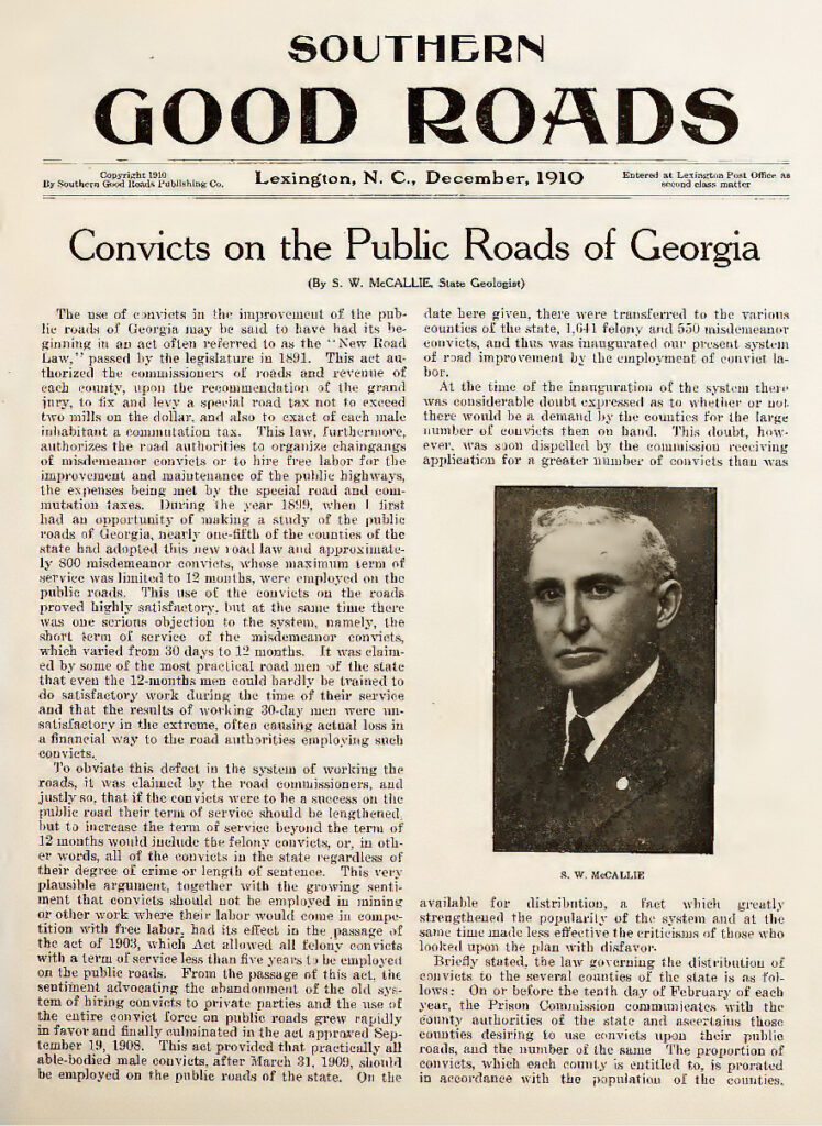 Magazine page with a portrait of a man and an article titled: “Convicts on the Public Roads of Georgia.” The top of the page reads: “Southern Good Roads.”