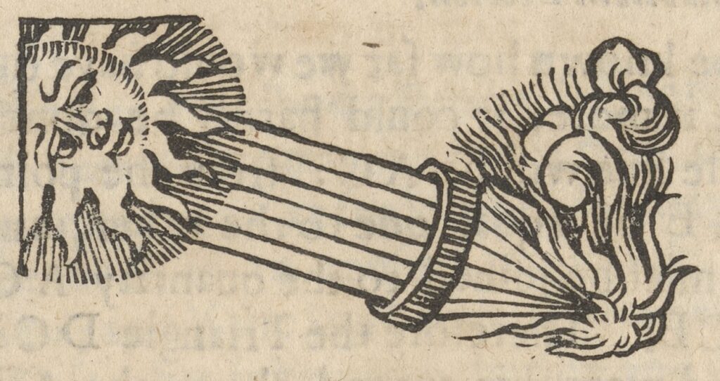 Illustration of a concave glass starting a fire with sunlight
