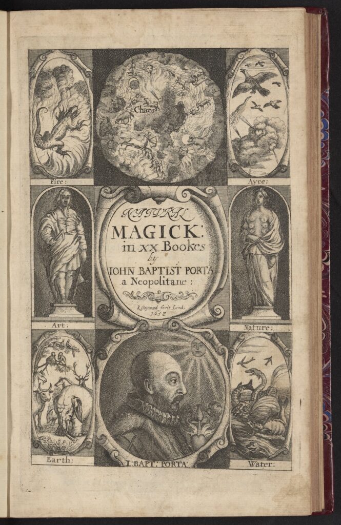 Engraved frontispiece of Natural magick (1558)