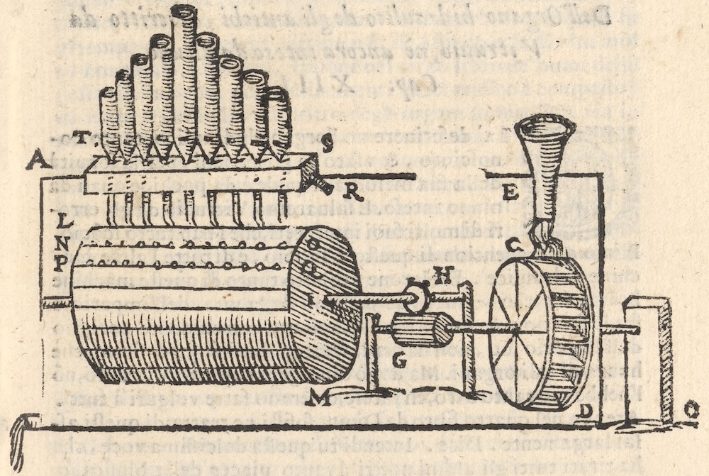 illustration of a hydraulic organ by Giambattista Della Porta